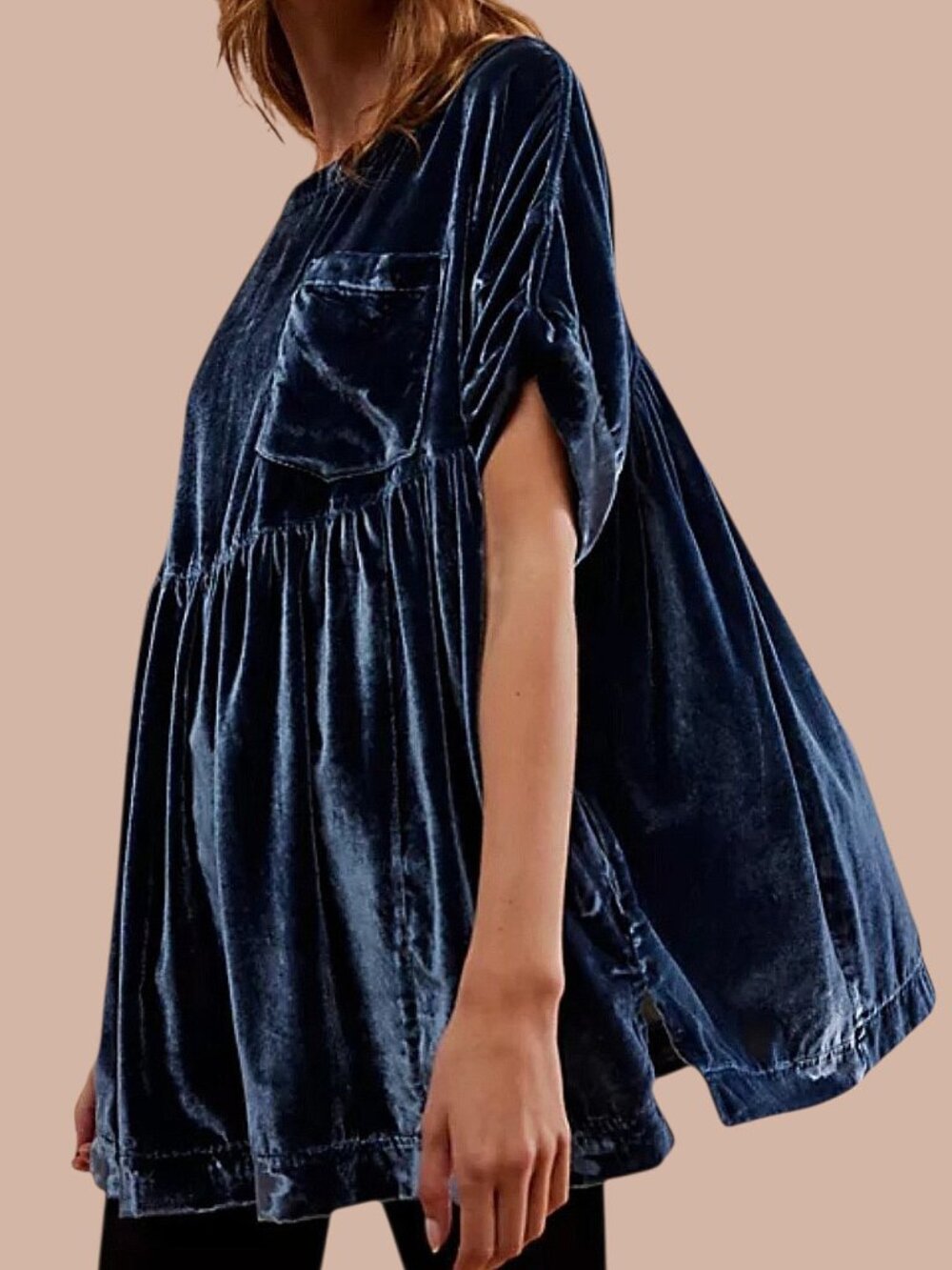 We the Free People Moon City Velvet Tunic Oversized Babydoll Top Royal Blue - Lg - Picture 2 of 11